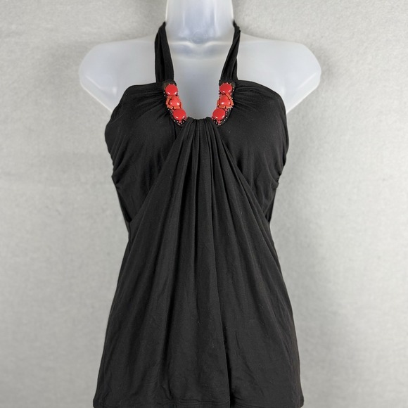 Unbranded Tops - Y2K Women's Black Drape Halter Tank Top Sz M Embellished Neck‎ Sleeveless Grunge